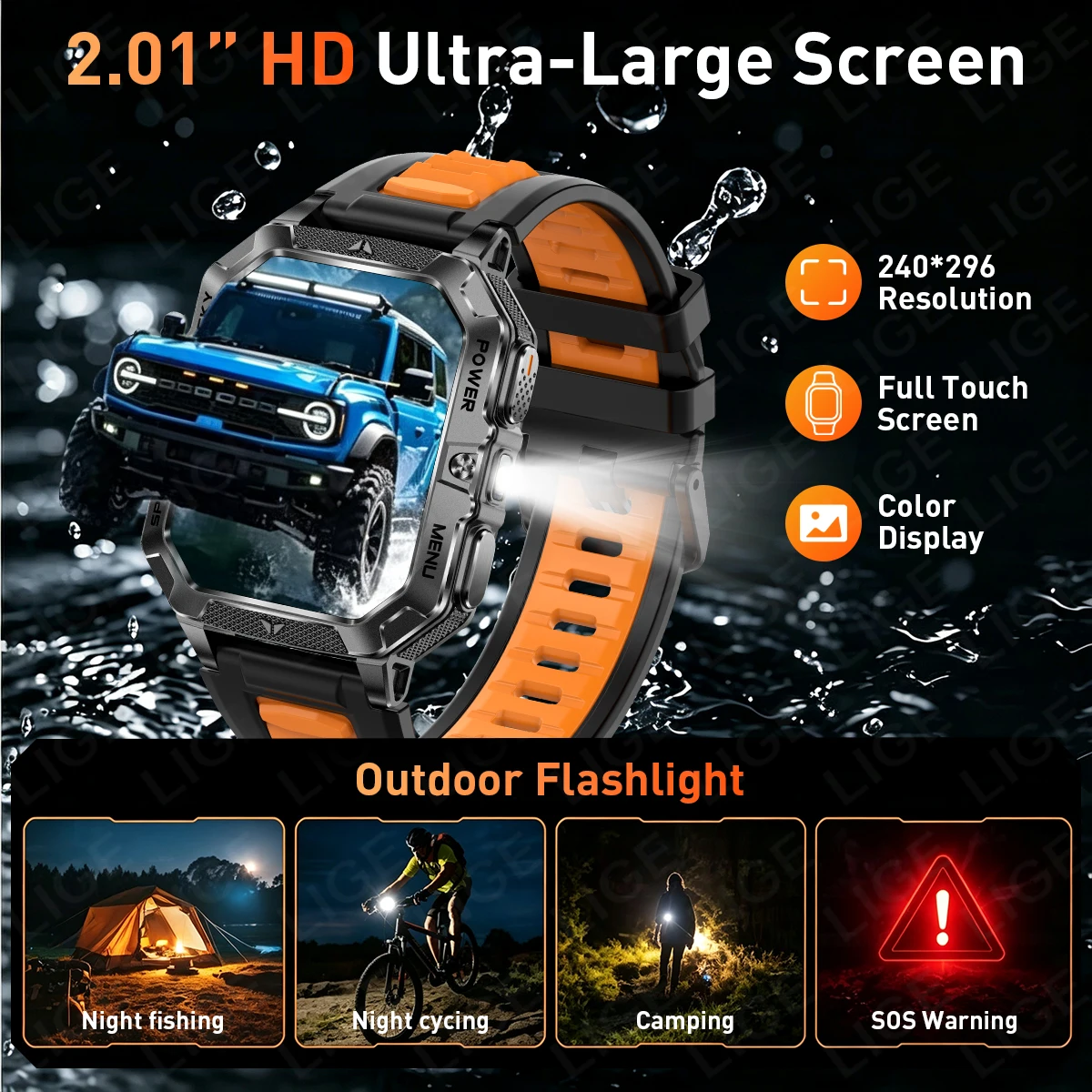 LIGE New Outdoor 1400mAh High-Capacity Battery Smart Watch Men IP68 Waterproof LED Flashlight Sports Smartwatch For Android ios