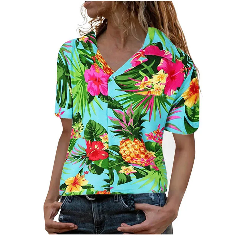 Summer Hawaiian Tropical Floral Shirts 3D Print Women Short Sleeve Shirt Button Blouses Harajuku Oversized Tops Woman Clothing