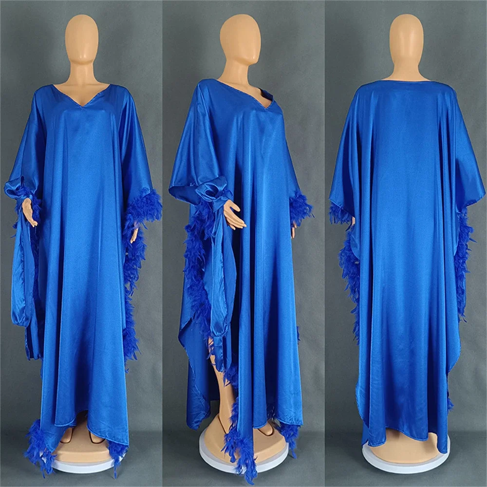 Autumn Fashion Satin Tassel Robe Dress African Women Elegant Loose V-neck Bat Sleeve Feather Long Dress Lady Party Evening Gown