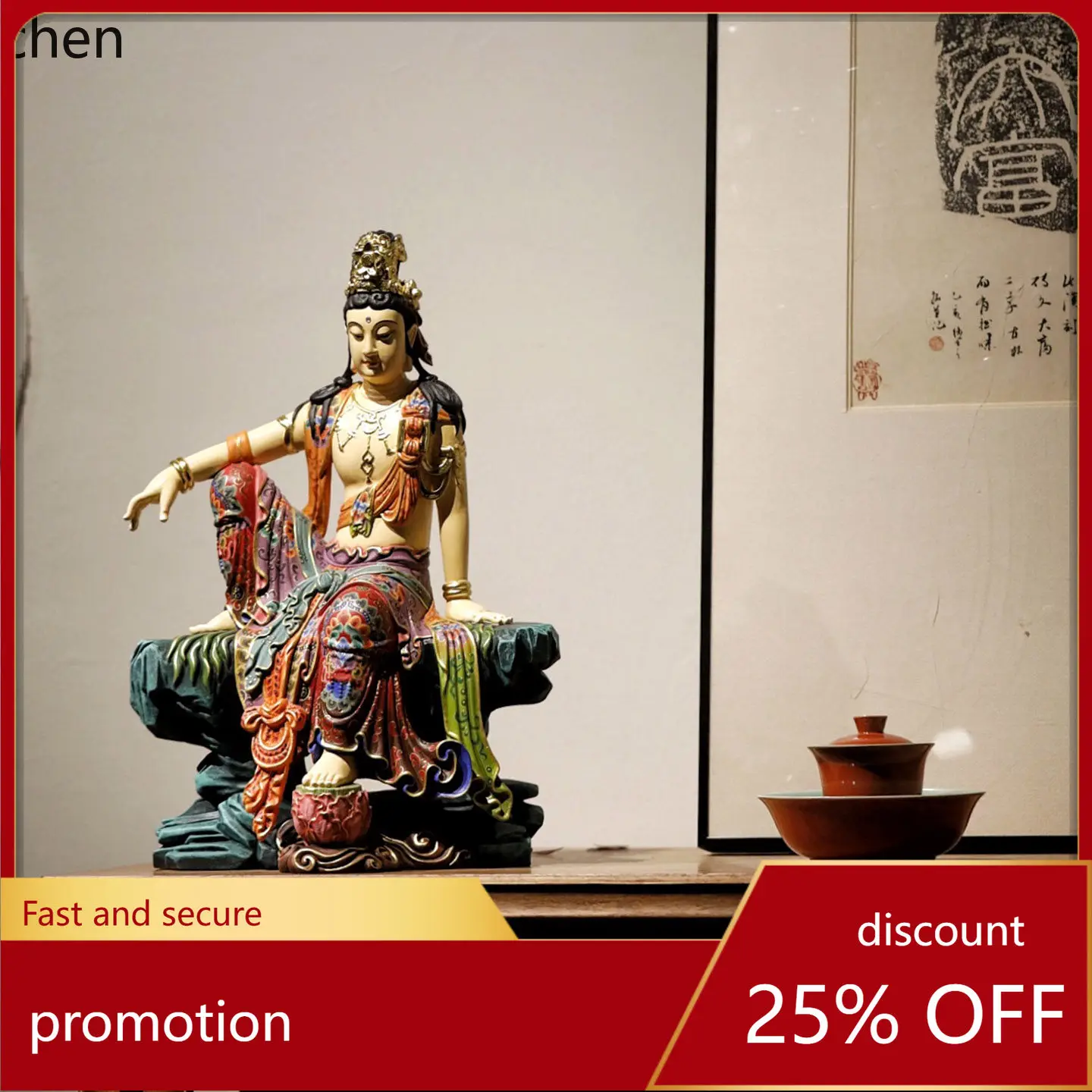 

Cz camphor wood painted water moon guanyin buddha statue statue indoor entrance home cultural toys and ornaments