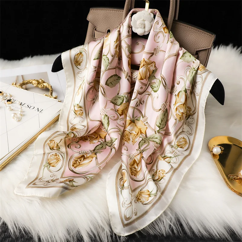 Fashion Flower Print Satin Square Silk Scarf for Women Hand Bag Wrist Wraps Lady Scarves Shawl 2024 Design Neckerchief Foulard