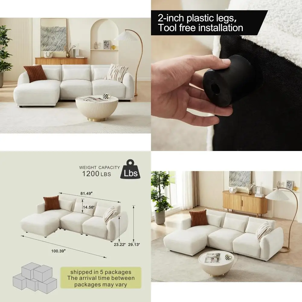 U-Shaped Sectional Sofa for Living Room, Modular L-Shape Couch with Removable Ottoman (3-Piece Set + Ottoman)
