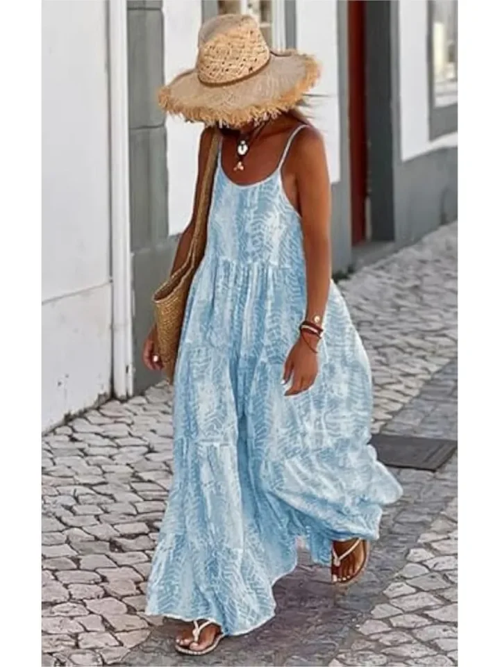 Casual Print Loose Dress For Women Fashion Sleeveless Spaghetti Strap Dresses Lady Boho Holiday Beach Skirt Womens Clothing New