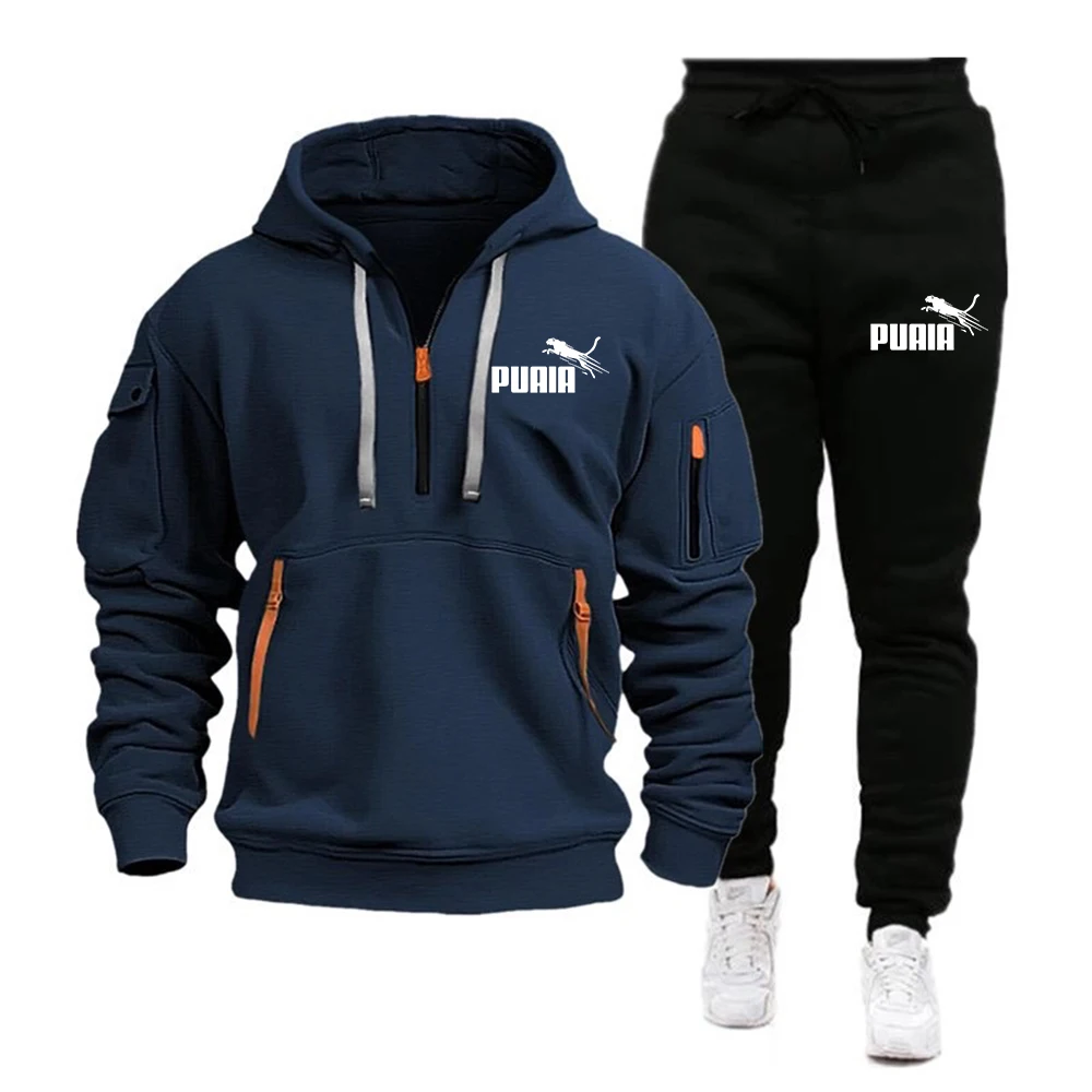 2024 New Men\'s Autumn Winter Puaia Sets Zipper Hoodie+Pants Pieces Casual Tracksuit Male Sportswear Brand Clothing Sweat Suit