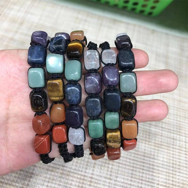 

Natural Gems Quartz Crystal 7 Chakra Cube Handmade Weave Bracelet Jewelry Healing Energy Reiki Decoration