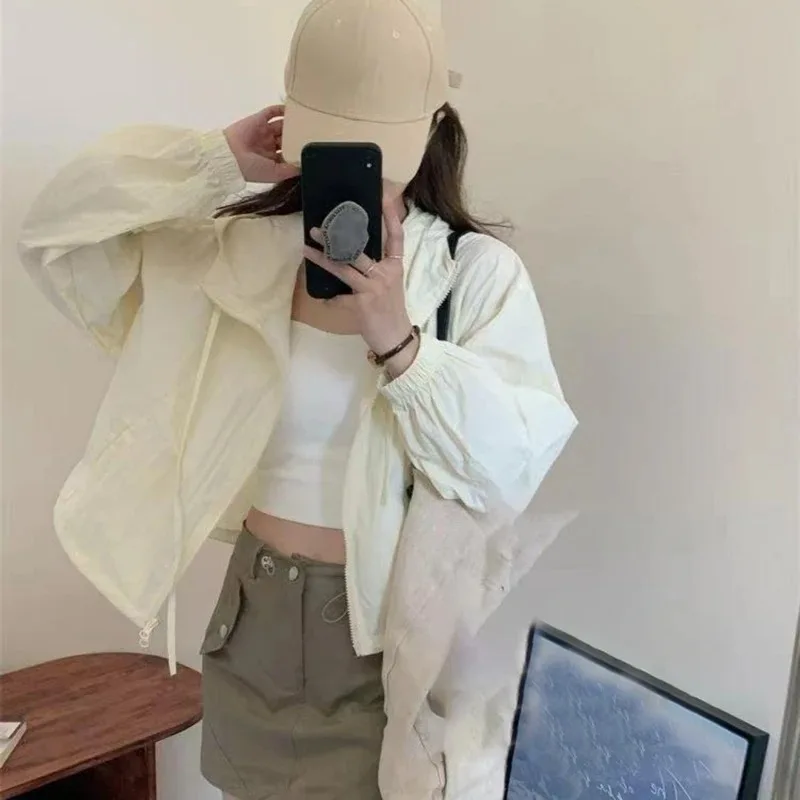 2025 여름 패션 자외선 차단 의류 여성 후드 긴팔 루즈핏 캐주얼 숏 재킷