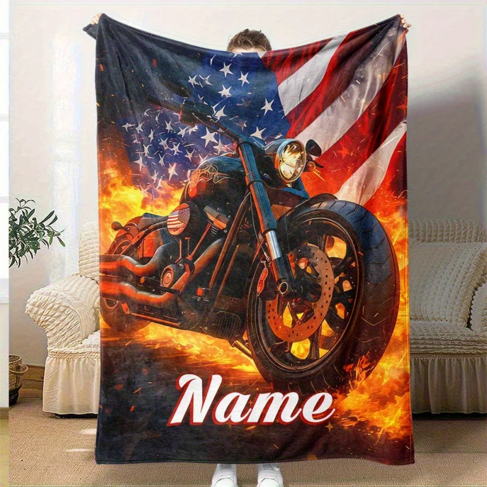 1pc Custom Name Blanket, Retro Motorcycle Banner Flame Flag Design, Soft Flannel All-Season Personalized Home Decor Gift for Men