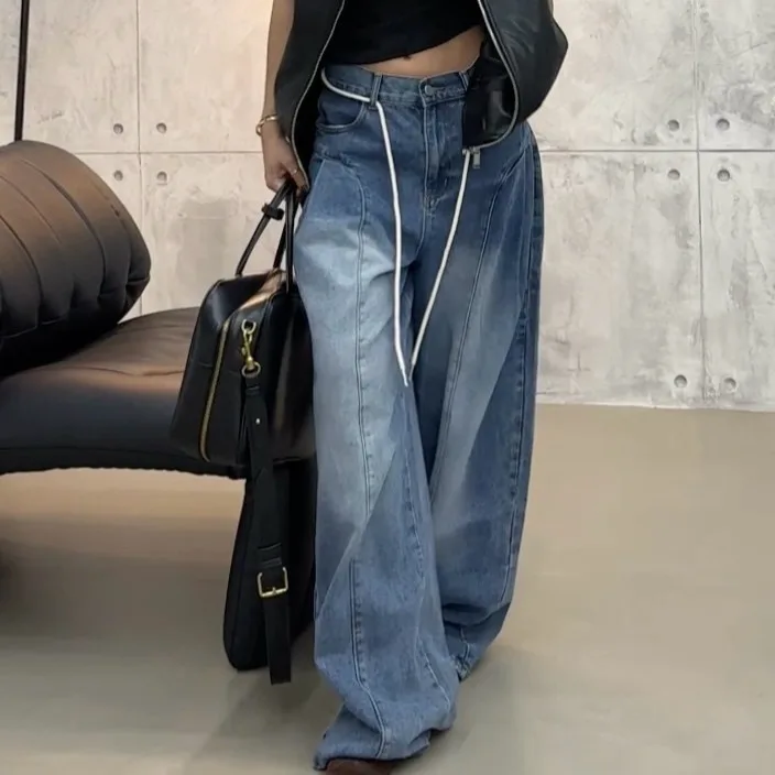 Comfortable Faionable Vintage Waed Denim Jeans with Knot Rope Bend Knife New Arrival Women's Premium Quali Casual Jeans