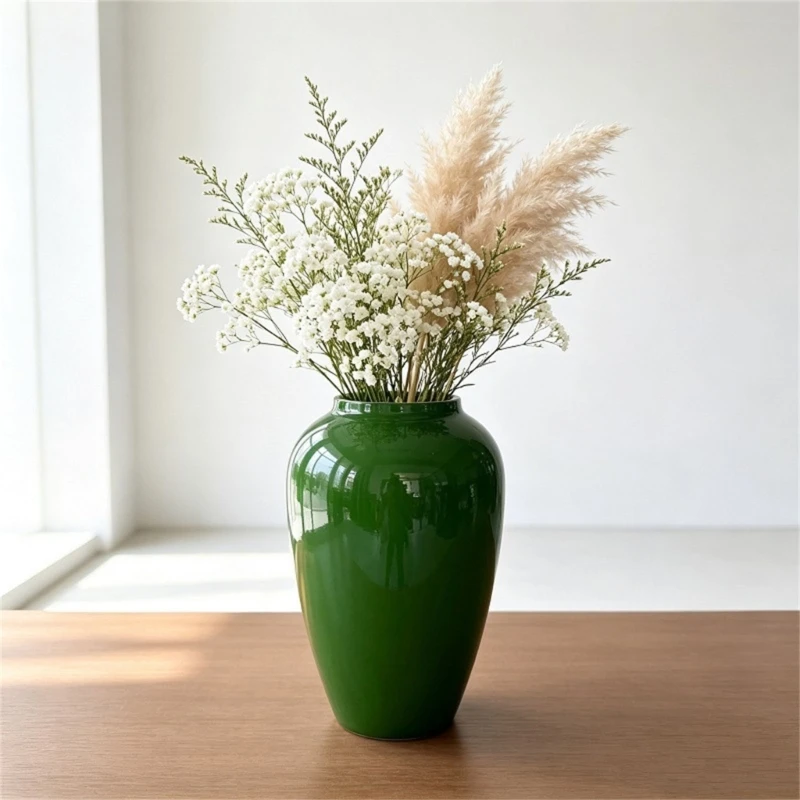 Decorative Vases in Glossy Green, Floral Arrangement Vases for Faux Flowers, Dried Stem, Shelf and Entry Table Decors B03E