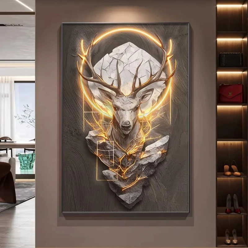 Modern Art Entrance Elk Decorative Painting Corridor Wall Decoration Mural Aluminum Alloy Frame Crystal Porcelain Art Painting