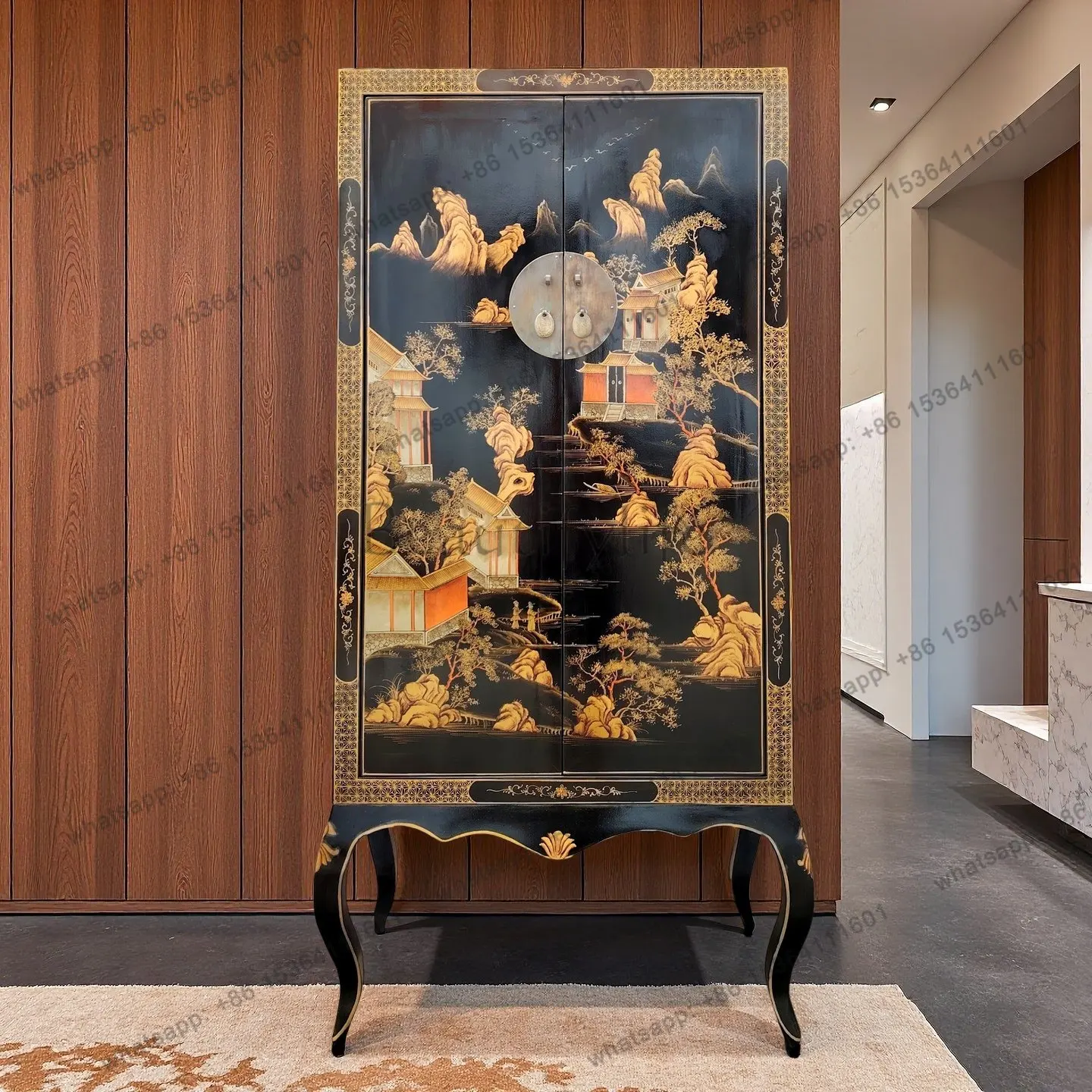 

New Chinese solid wood wardrobe retro storage painted black paint gold bedroom large wardrobe
