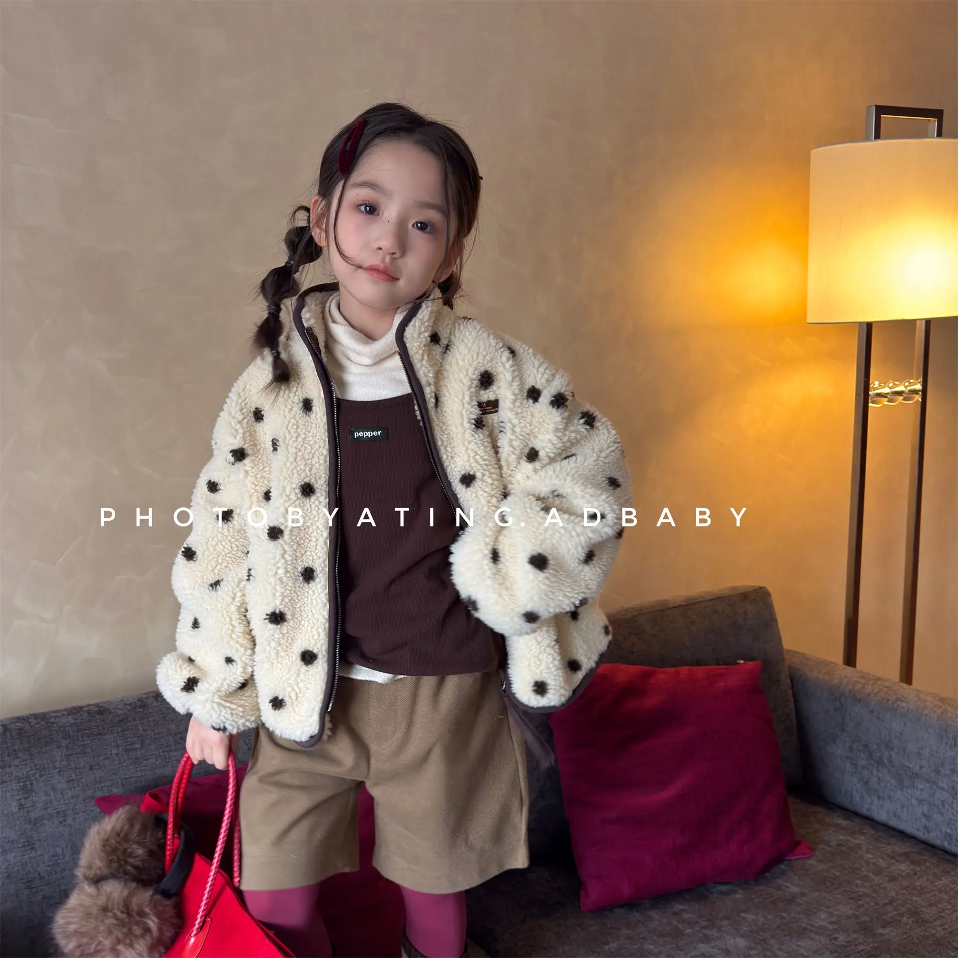 2026 Winter New Children Warm Lamb Fleece Coat Fashion Girls Dot Print Padded Jacket Baby Plus Velvet Thick Parka Kids Clothes