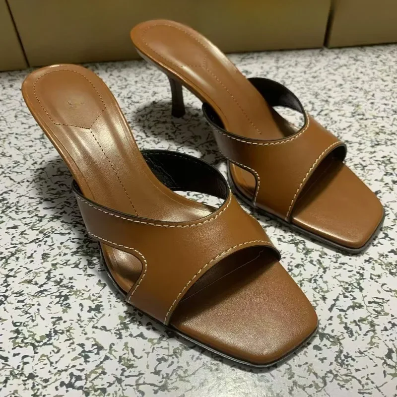

Elegant Brown Square Toe High Heels Ladies Mules Sandals 2025 Summer Designer Brand Sexy Women Shoes Fashion Sewing Stiletto