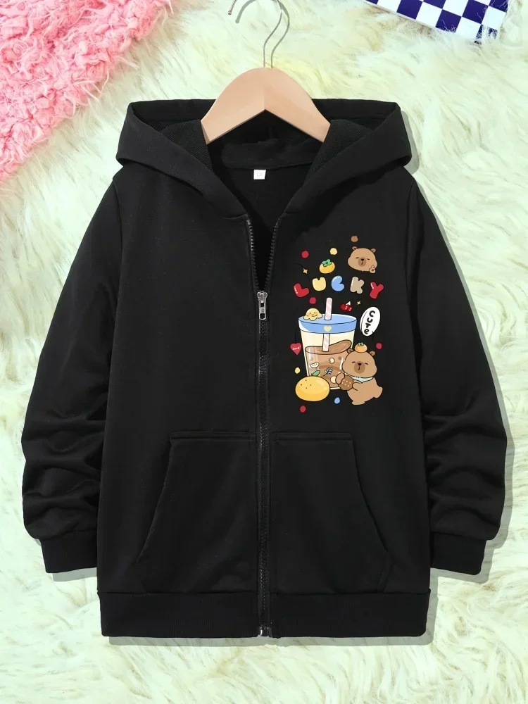 Kids Zip Up Hooded Jacket Cute Capybara Bubble Tea Lucky Heart Fruit Cartoon Print Long Sleeve Pocket Casual Outer Coat