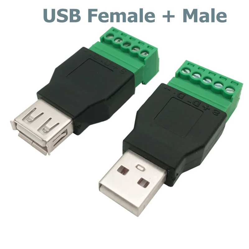 USB 2.0 Type A Male/Female to 5 Pin Screw Connector USB Jack with Shield Solder Free Terminal DIY Plug