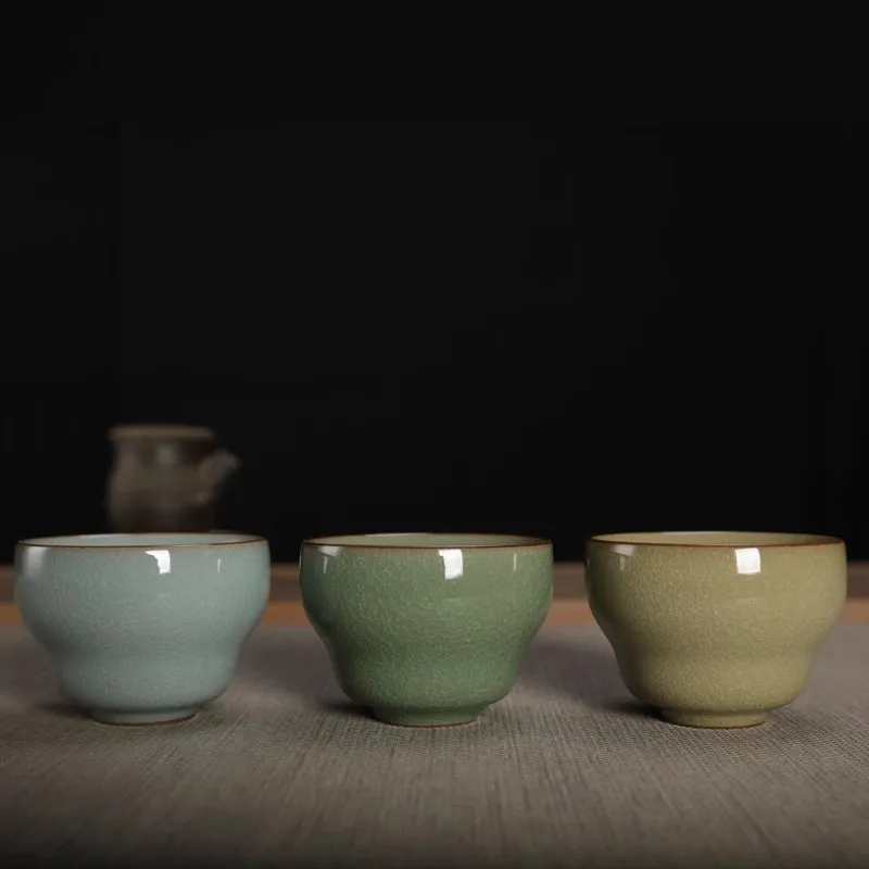 Longquan Celadon Ge Kiln Fish Roe Pattern Tea Cup Small and Evenly Split Ceramic Egg Shaped Cup Master Cup Handcrafted Teacup