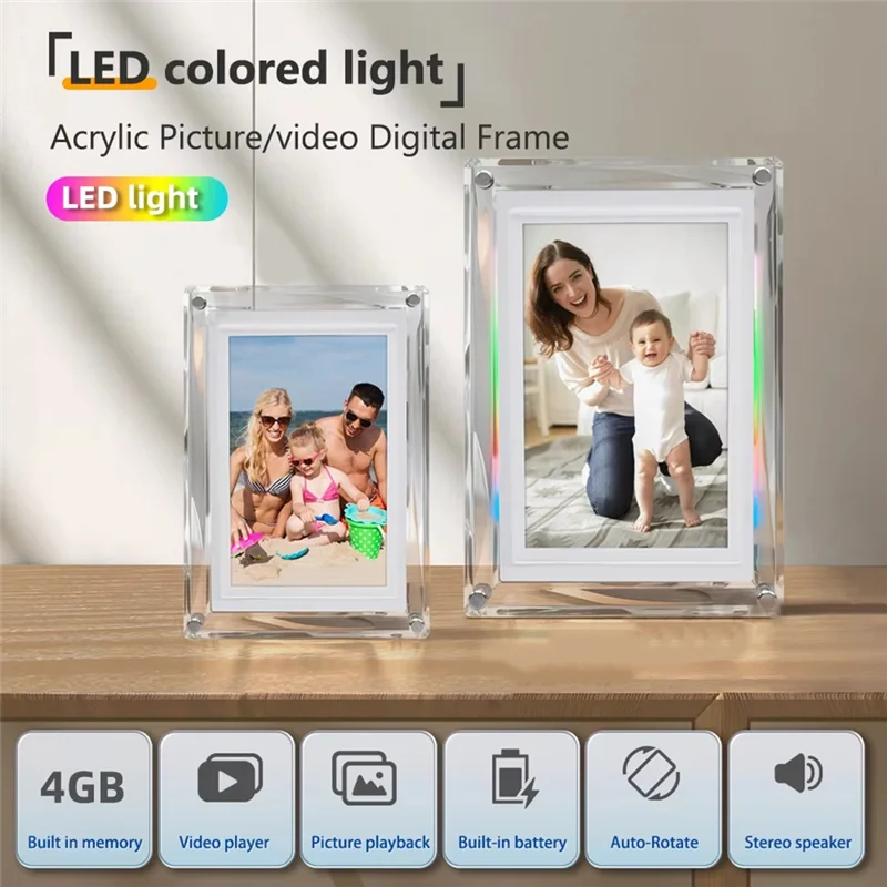 DIGIT-IPS Digital Picture Photo Frame With Music-Sync LED Ambient Light Auto-Rotation 4GB Video/Photo Playback US Plug