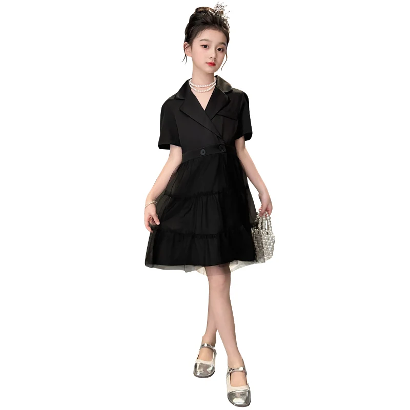 110-180 frock for teenage girls Suit mesh dress 4 6 8 10 12 14 16 17 18 20 black junior princesas elegant knee length dresses