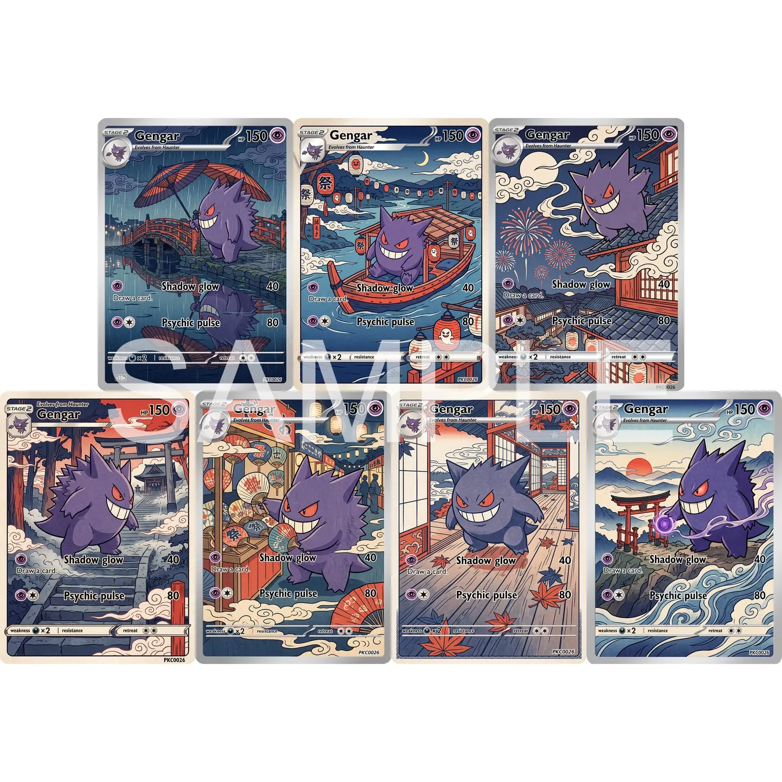 7Pcs PKM Cards PTCG Ukiyo e Style Gengar Moonlit Edo Town Seven Unique Scenes Character Art Collection Display Set Cards PTCG