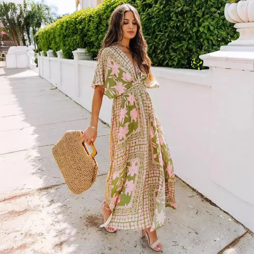 Sexy High Waist Maxi Dr Batwing Sve Floral Print  Dr Women's Faion Polyester Fabric ort Sve One Step Dr