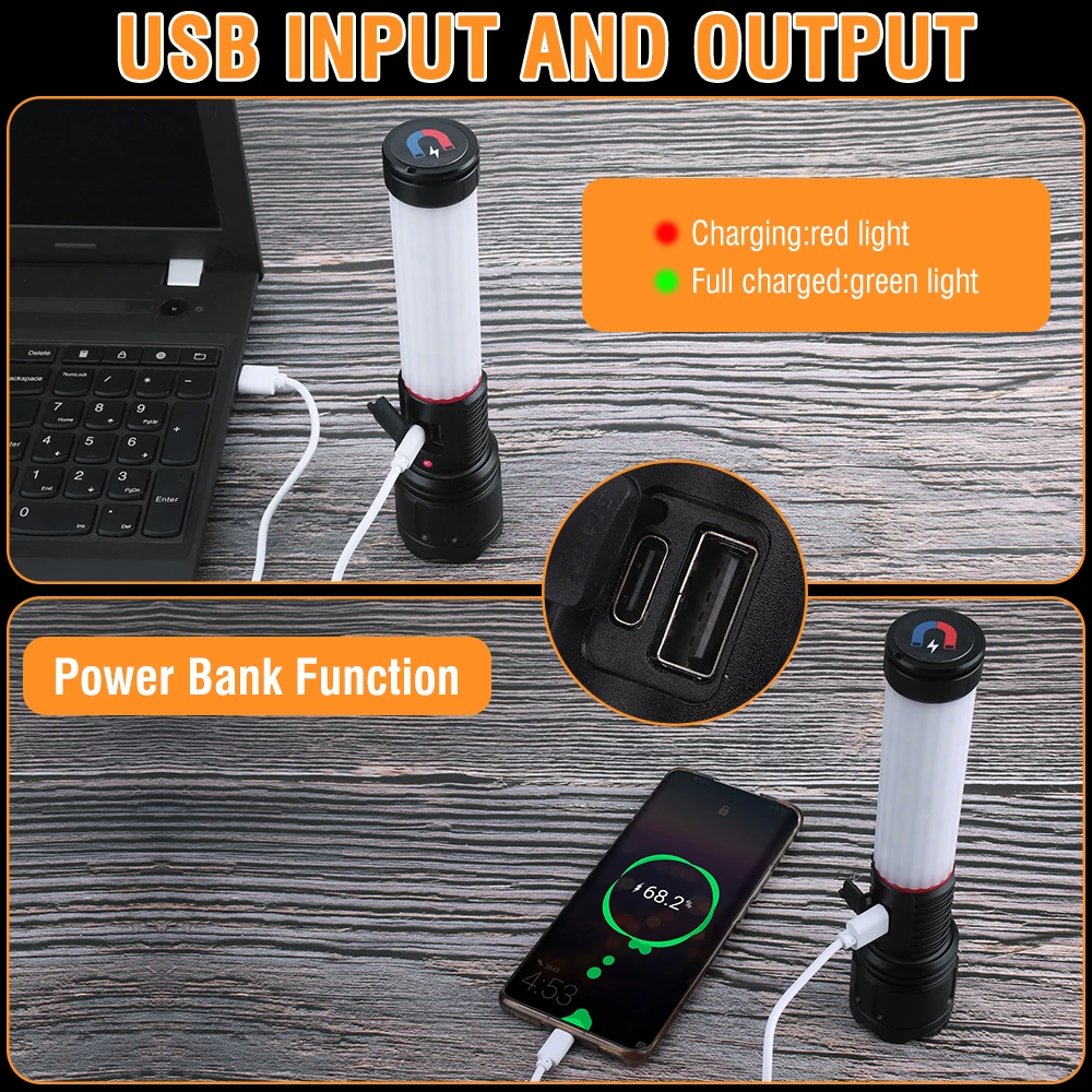 BORUiT High Power Zoom Lanterna LED Tipo-C Recarregável Tocha Com Ímã Camping Luz com 18650 Bateria Power Bank Função