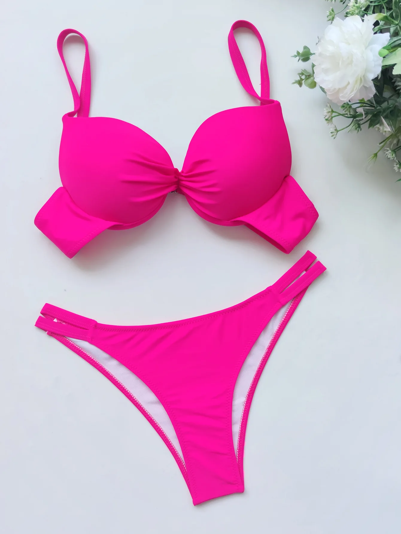 Set Bikini pakaian renang Push Up merah seksi pakaian renang Mujer 2024 baju renang potongan tinggi Ruched baju mandi Bikini Underwire Bikini Bathers