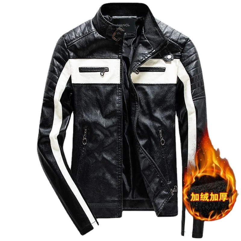 High grade color contrast leather jacket men's jacket stripe splicing net red handsome motorcycle jacket fashion coat