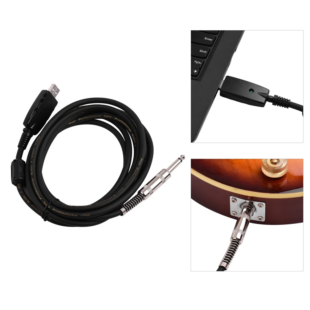 USB Guitar Audio Cable Mono Electric Guitar Cable USB Interface to 6.35mm Audio Plug Compatible with Windows and macOS PCs