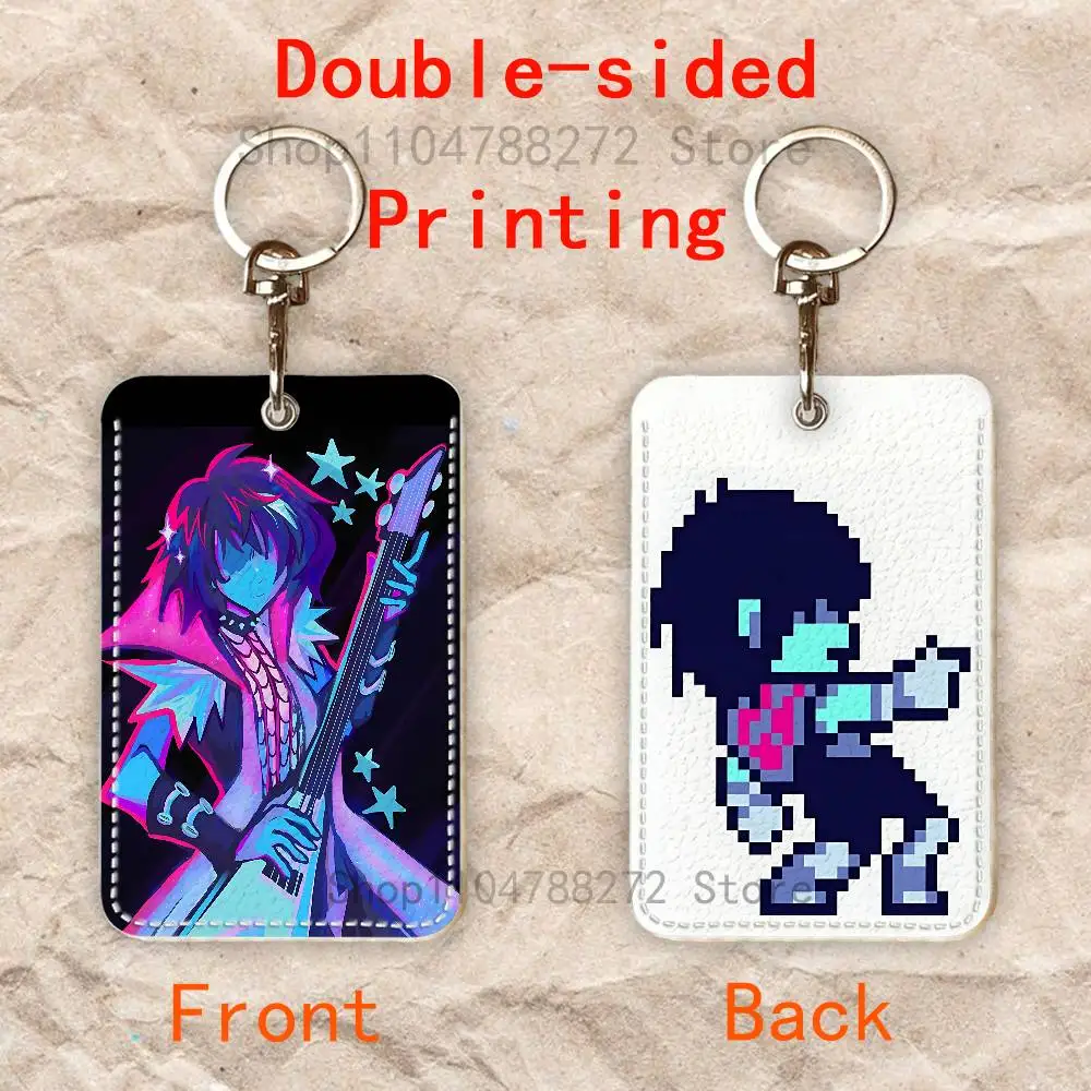 D-Deltarune Kris Rectangle Card Case Keychain Access Card Bag Key Tag Ring Leather Card Holder Key Ring Access