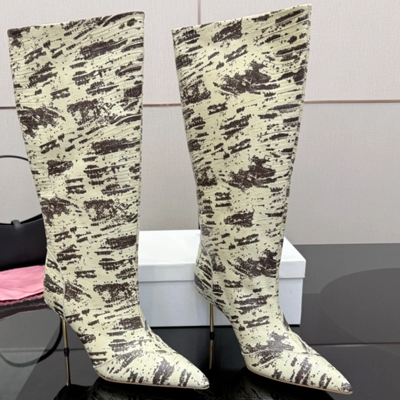 Print Pointed Toe Metal Stilettos Knee High Boots Woman Winter 2026 Slip-On High Heel Shoes Women's Eye Catching Print Shoes