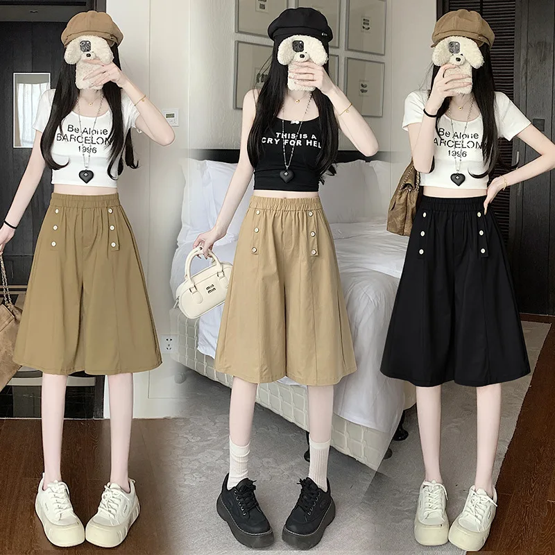 

Retro Solid Color Washed Cotton Wide Leg Skirt Pants for Women Spring Summer High Waisted Loose Casual Knee Length Pants