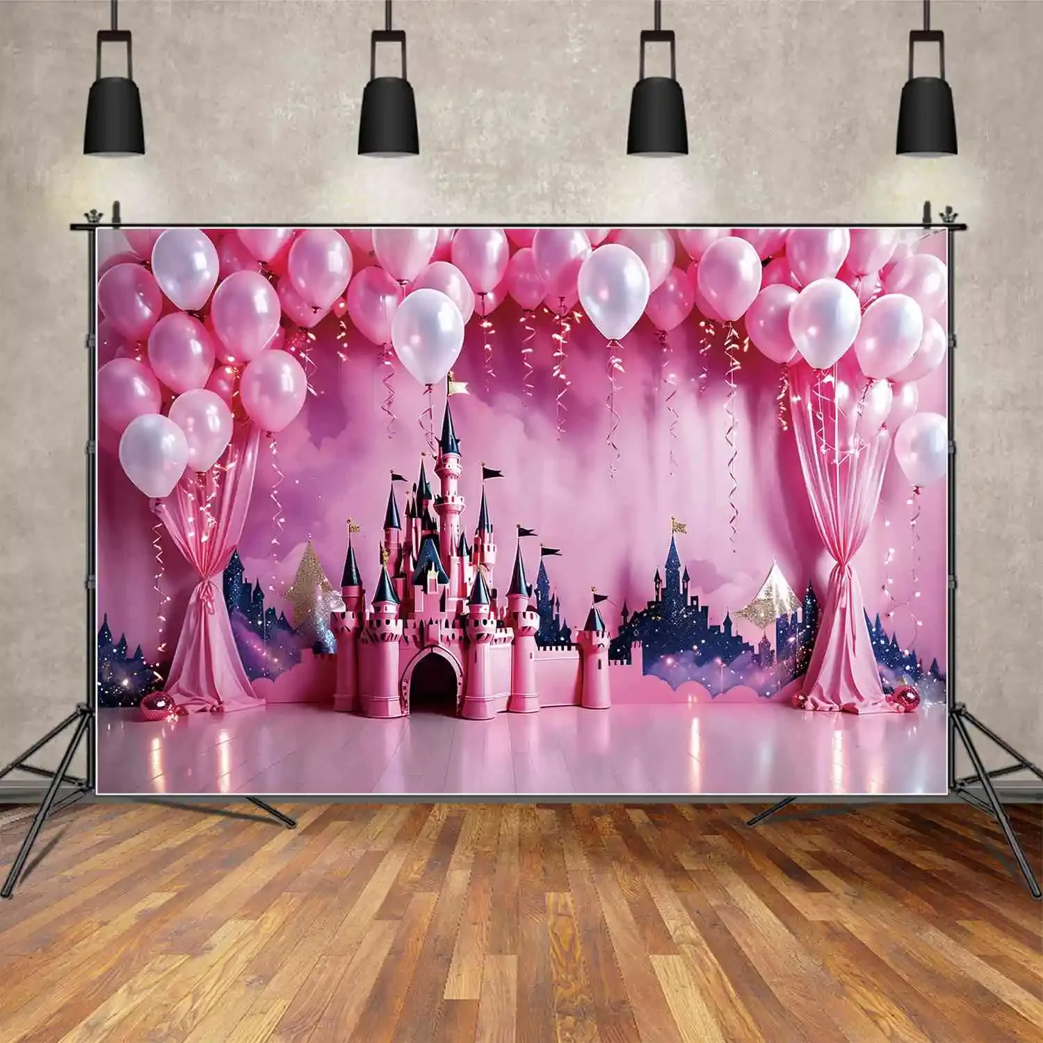 MOON.QG Backdrop Princess Birthday Party Decor Pink Castle Balloons Curtain Background Custom Fringe Mountain Photography Props