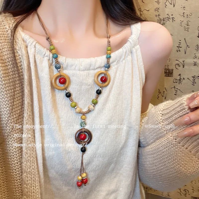 

Bohemian style antique porcelain woven rope necklace, women's new Chinese style long tassel collarbone chain