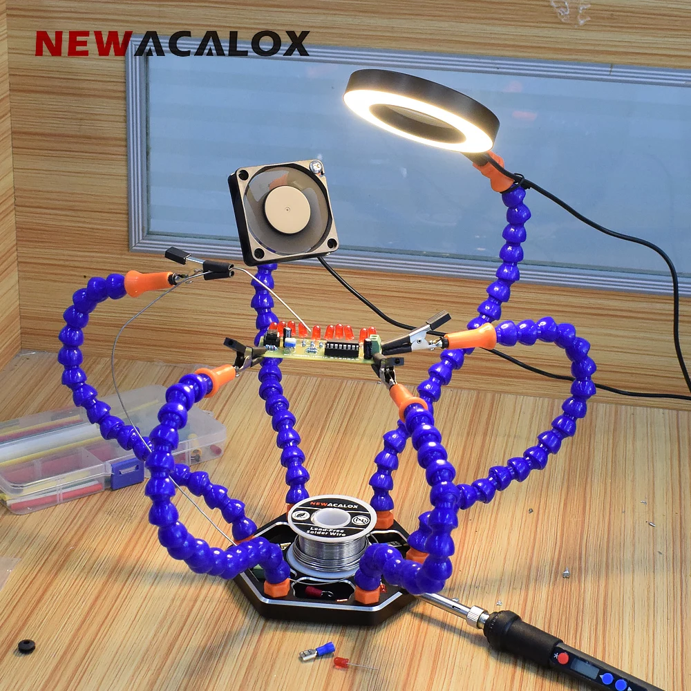 NEWACALOX Multi Soldering Helping Hand Third Hand Tool 3X Magnifying USB DC Fan Flashlight Magnifier PCB Welding Repair Station