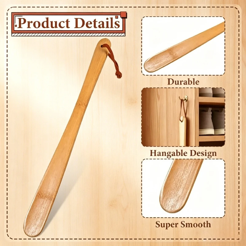 Long Handle Light Wood Shoe Horn Labor Saving Shoe Wearing Aid Portable Travel Tool for Elderly Men Women
