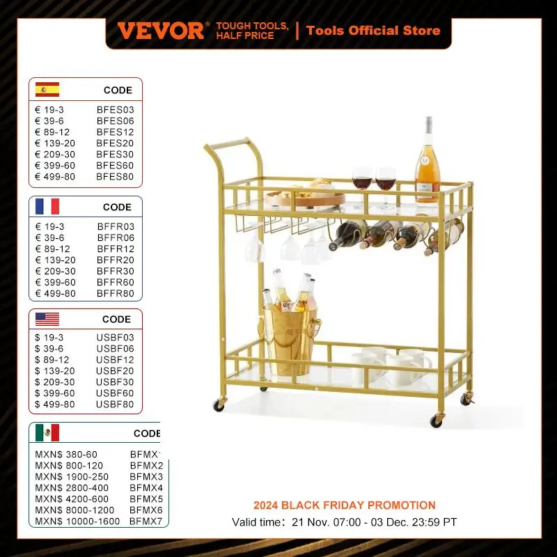 VEVOR Metal Bar Serving Cart Golden Steel Rolling Trolley On Lockable Wheels Mobile Utility with Wine Rack Tempered Glass Holder