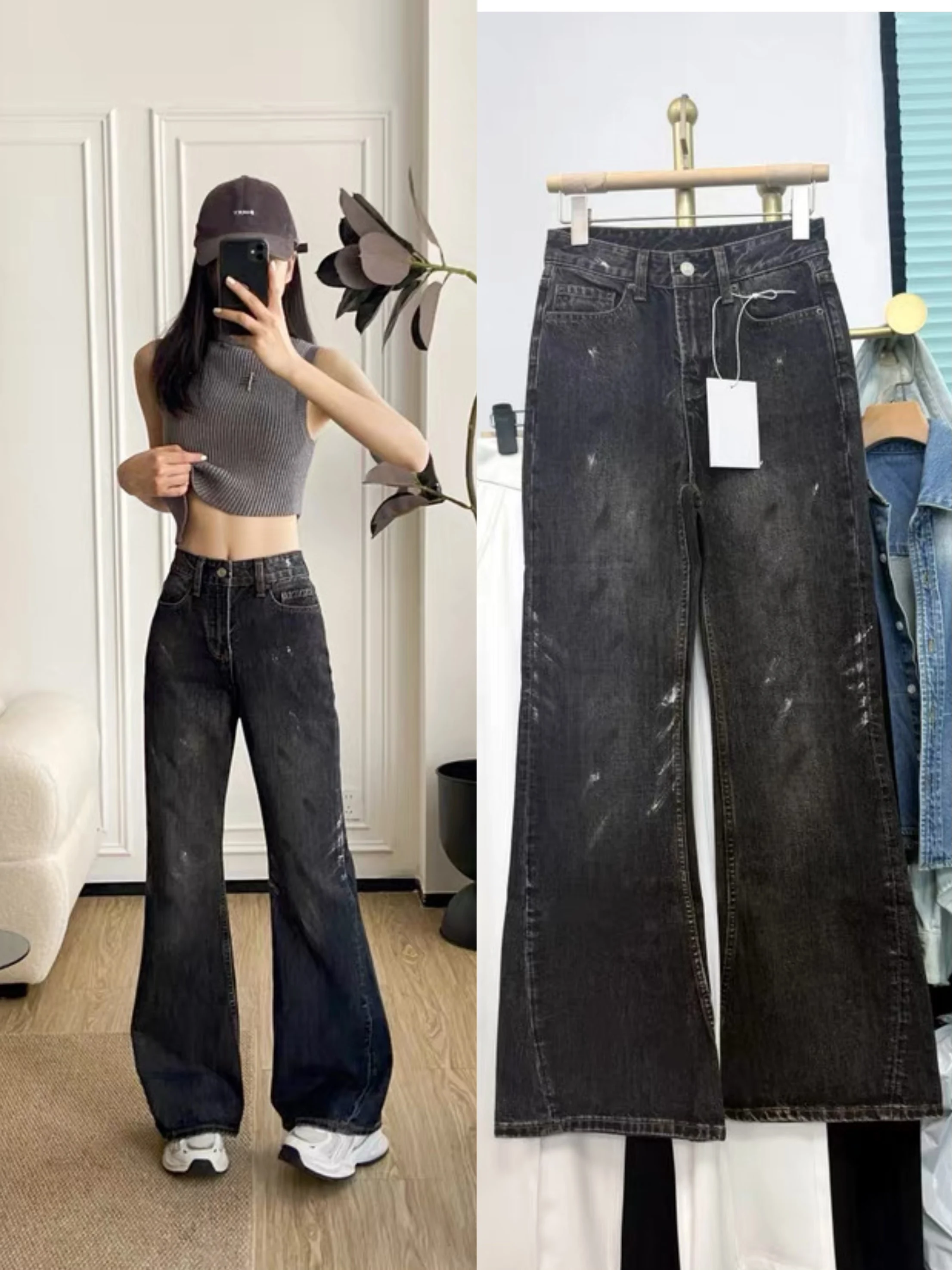 High Waist Flared Jeans Women's Spring 2026 Black Grey Splashed Ink Denim Pants Slimming Long Trousers Casual Cotton Zipper