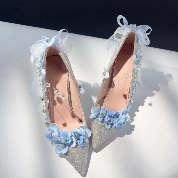 Zapatos de Tacón Alto con Pedrería, Color Azul Cielo y Morado, con Lazo en la Parte Posterior, Punta en Pico, Plateados, Brillantes, para Novia, Banquete, Mujer