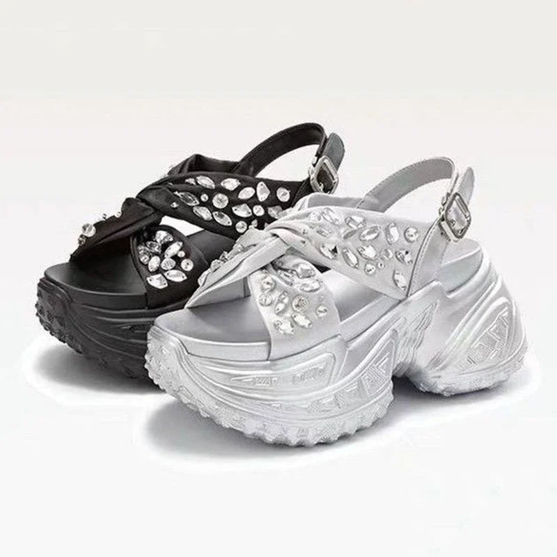 

Women's Twist Knot Rhinestone Chunky Platform Sandals Adjustable Buckle Non Slip Summer Casual Footwear Drop Shipping Fast Gift