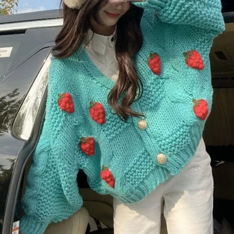 

Sweet 3D Strawberry Sweater Women V-Neck Cardigan Long Sleeve Knit Sweater Causal Top For Women Korean Fashion Fall Winter