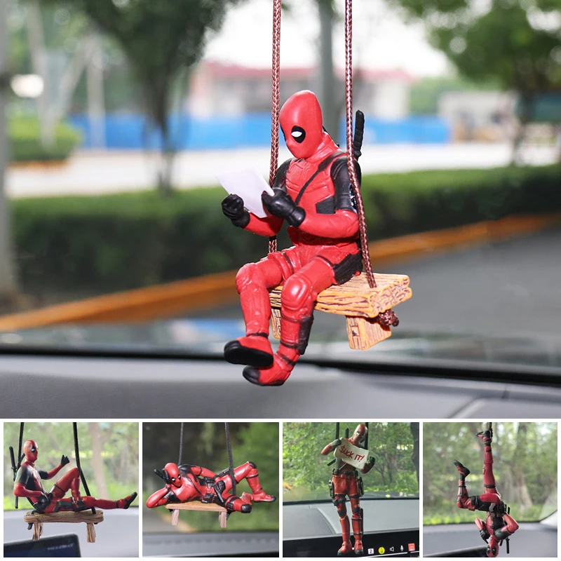Kawaii deadpool cabide de carro espelho retrovisor pingente acessórios interiores mini modelo brinquedos figuras ação modelo interiordecoration