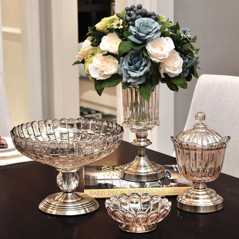 New Classical High Quality European Crystal Glass Metal Fruit Bowl Candy Dish Dried Fruit Tray Creative Home Tray Decoration