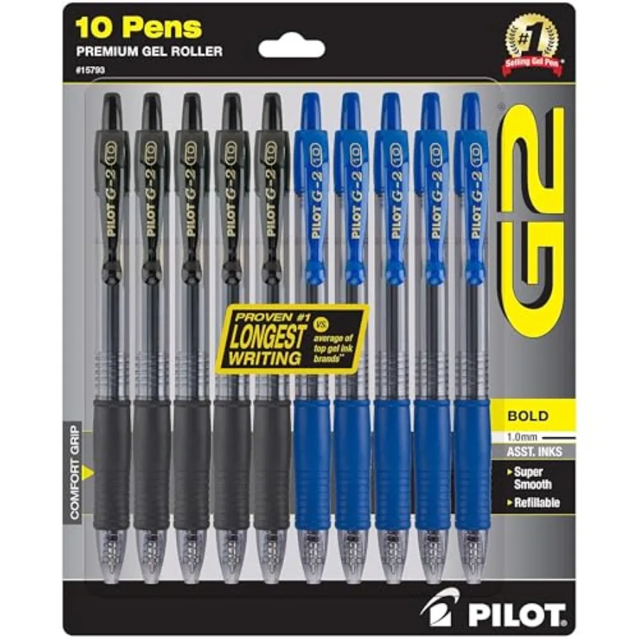 

G2 Pens 1.0 mm 10 Pack of 5 Blue and 5 Black Pens Ballpoint Bold Point Refillable Retractable