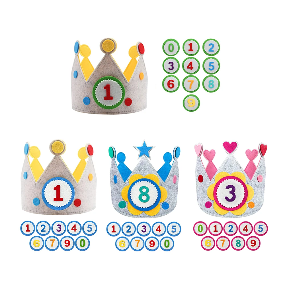Coroa de Aniversário em Feltro, Presente para o Dia das Crianças, Coroa com Números Intercambiáveis, Tamanho Ajustável para Meninas e Meninos, Decoração para Festa de Aniversário