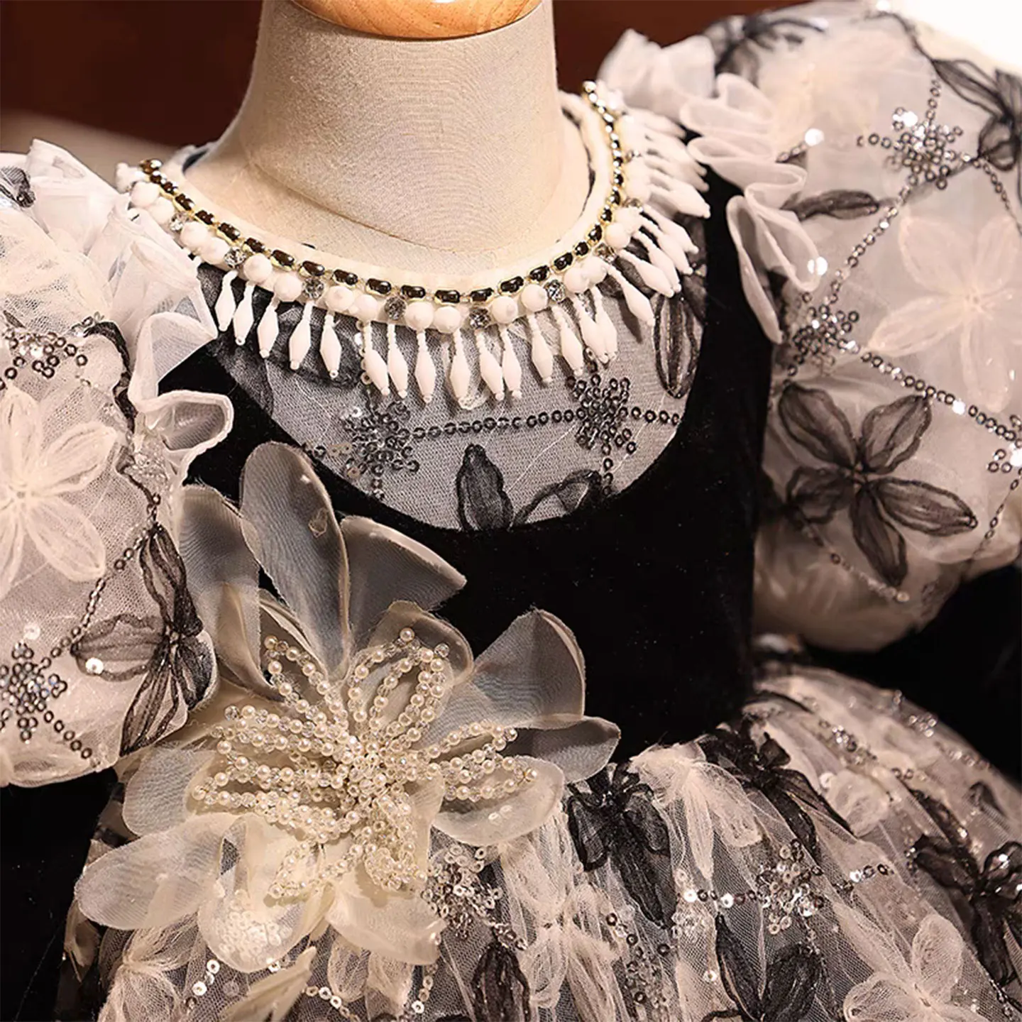 حالمة نذر J814 رائع س الرقبة زين المطرزة زهرة فتاة فستان مع اللؤلؤ طويلة الأكمام الزفاف حفلة عيد ميلاد الكرة ثوب #4