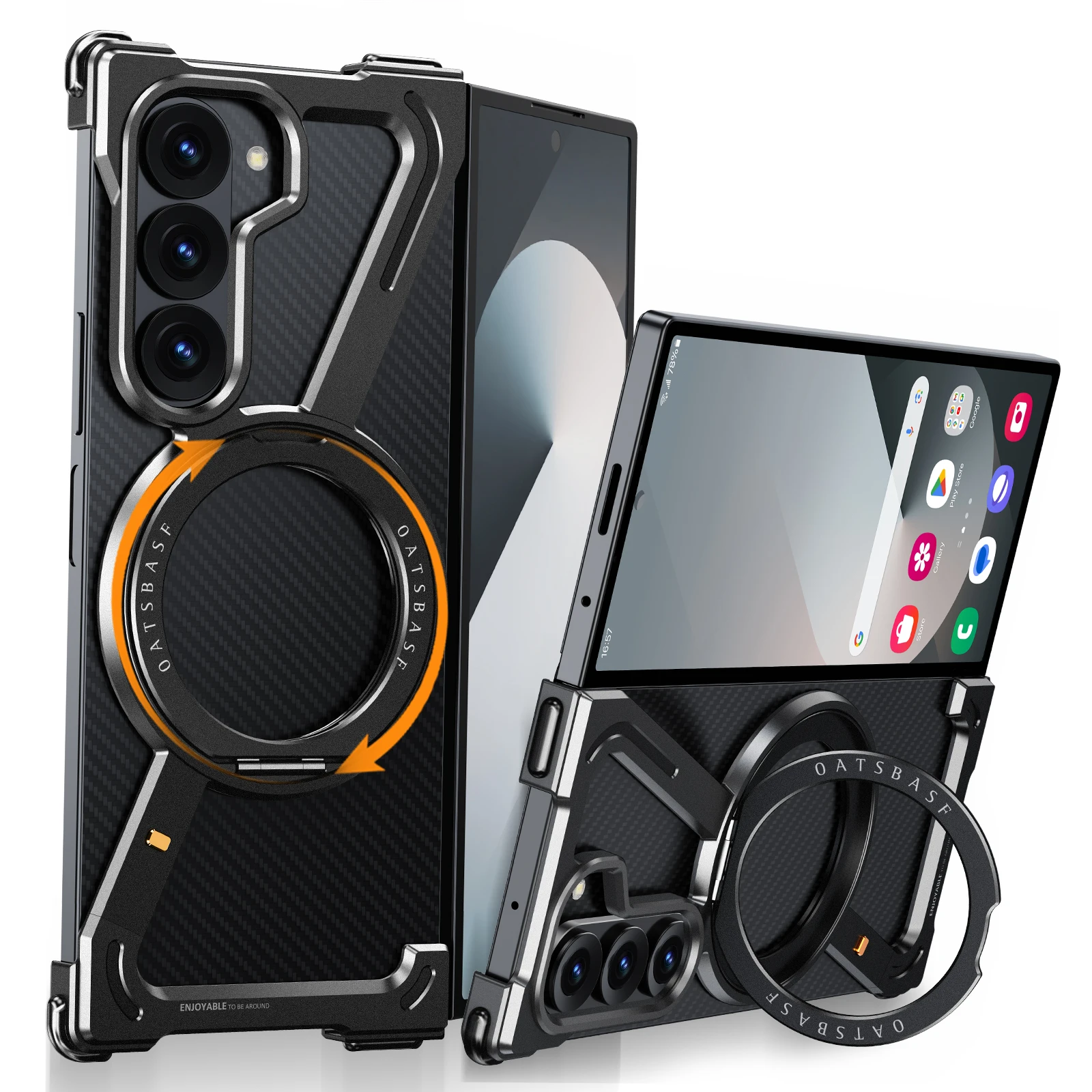 

Металлический магнитный чехол Oatsbasf для телефона Samsung Galaxy Z Fold 7, 6, 5, с кольцевой подставкой 360 ° Поворотный защитный чехол для безрамного бампера