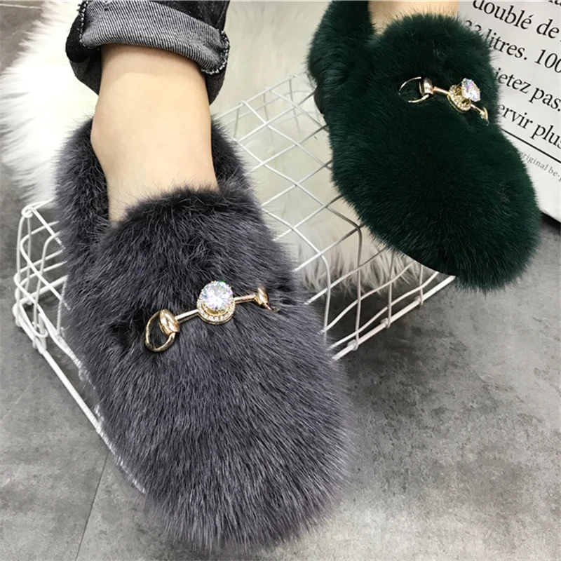 Gray Women Flat Shoes Metal Decor Casual Moccasins Platform Espadrilles Winter Warm Mink Fur Loafers Ladies Driving Flats