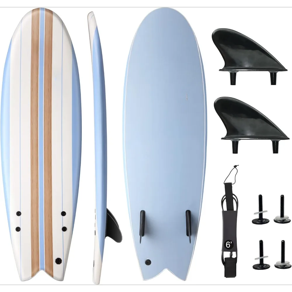 Soft Top Foam Surfboard Fish Surf Board Includes Twin Fins Double Swivel Deck Slick Bottom Non-Slip Deck Grip - Surfboard