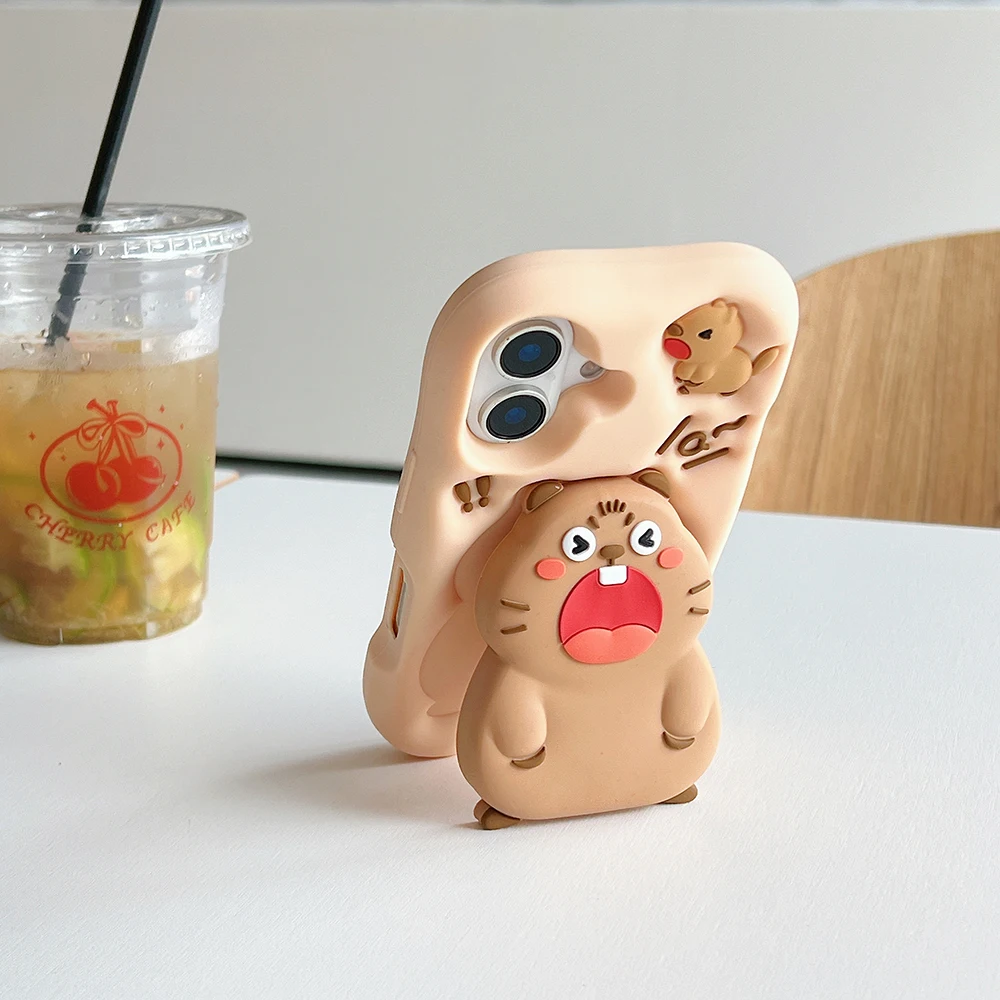Lustige 3D-Tiere Capybara Teleskophalterung Hülle für iPhone 16 Plus 15 14 13 11 12 Pro Max Weiche Silikon-Ständerhalter-Abdeckung – Detail 6