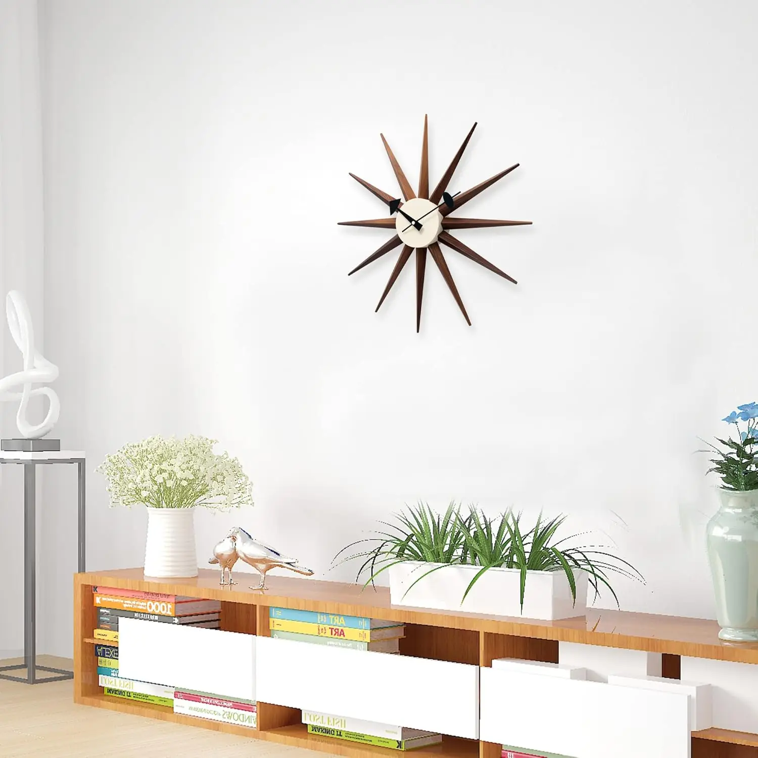 Mid Century Wall Clock Walnut Wooden Starburst Clock Replica George Nelson Sunburst Clock for Decorative Office Wall Living Room